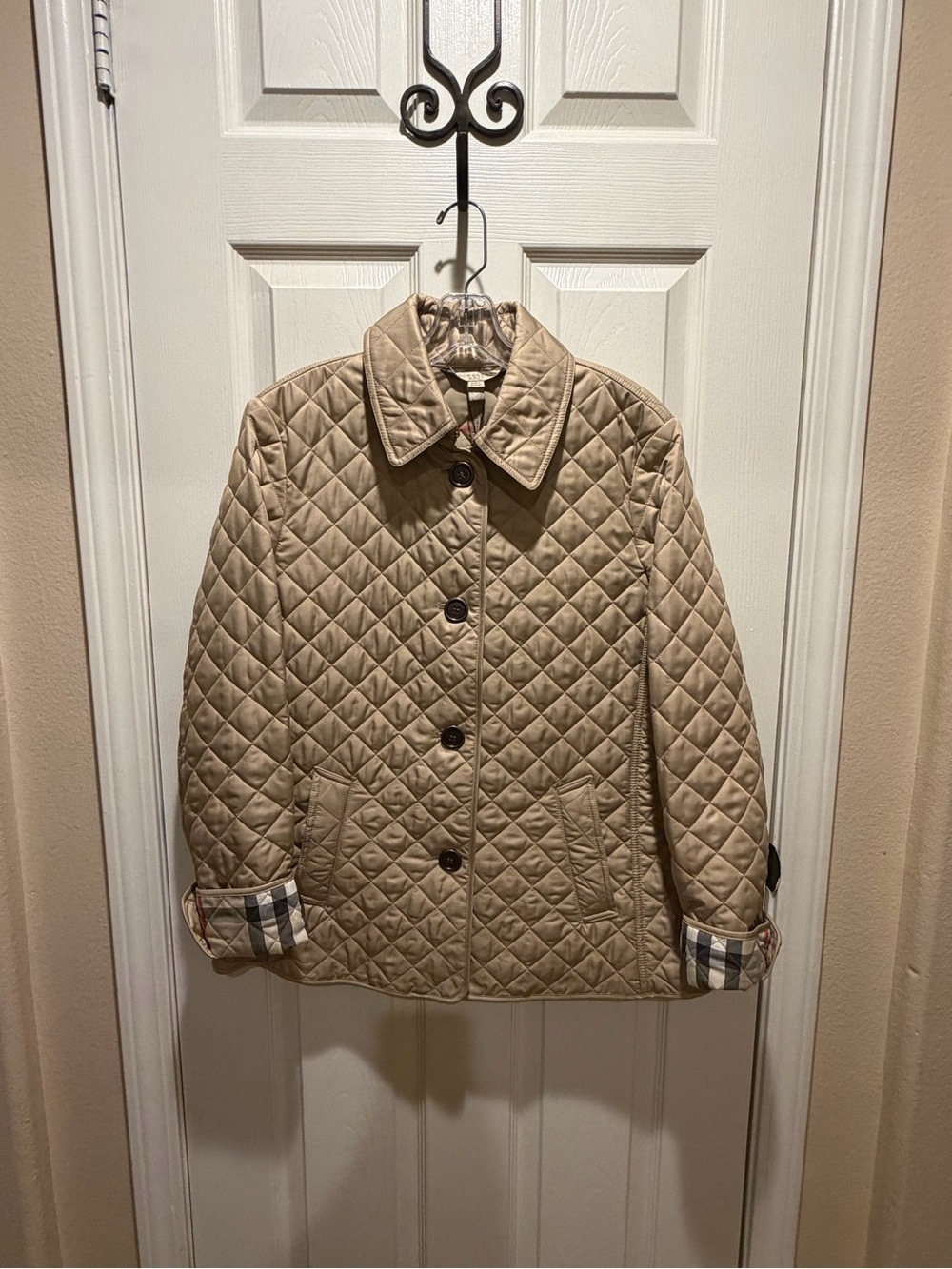 Burberry Quilted Beige Diamond-Pattern Jacket with Check Trim